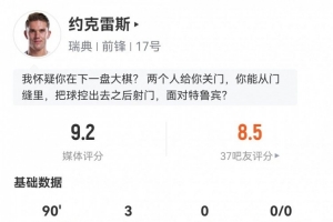帽子戏法！约克雷斯数据：3射3正3进球，评分9.2全场最高