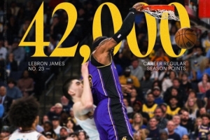 去年今日：詹姆斯生涯常规赛总得分突破42000分大关 历史独一档