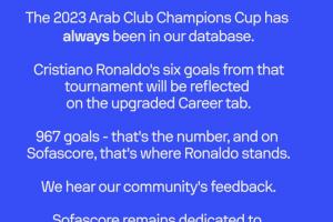 曾不算阿拉冠进球，Sofascore回应：已更新，C罗进球就是967球