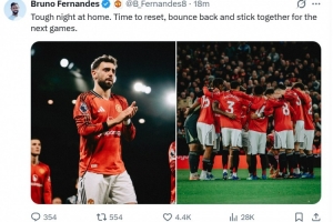 B费社媒鼓励球队:主场经历艰难的失利,是时候团结一致重振旗鼓